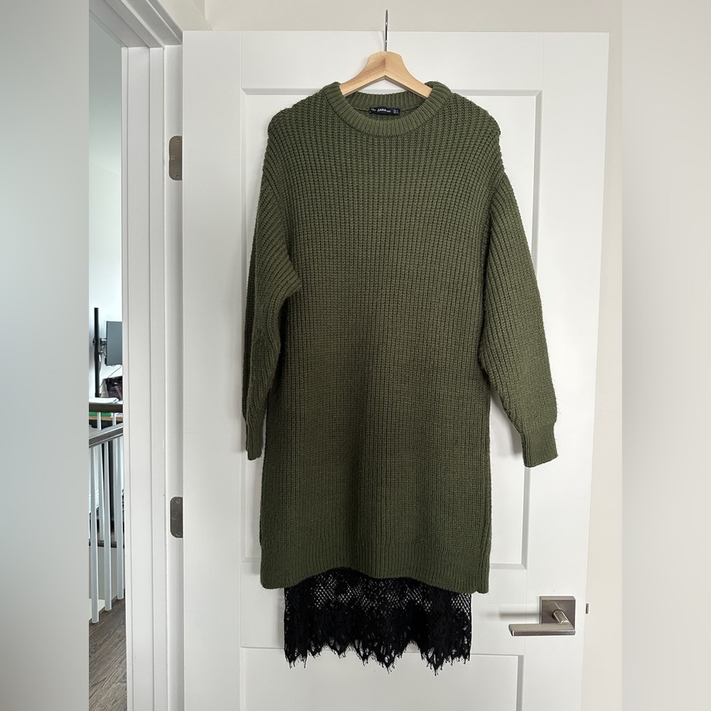 Knit dress with see through black lace detail